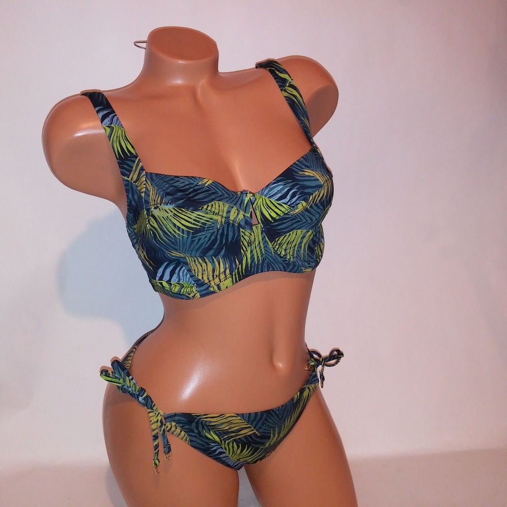 Victoria Secret Swim Bikini 36DD Top Medium Bottom Green Tropical Wicked String